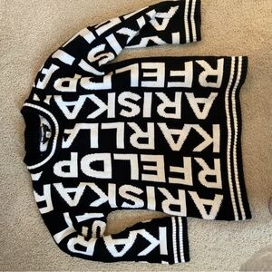 Karl Lagerfeld Black and White scoop Neck Sweater with Bold Text Pattern